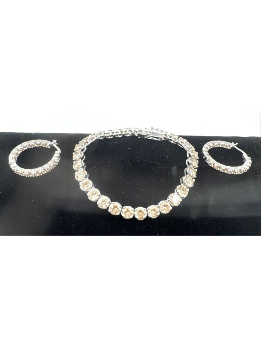 .925 Silver Bracelet & Hoop Earring Set W/Champagne Cubic Zirconia Stones